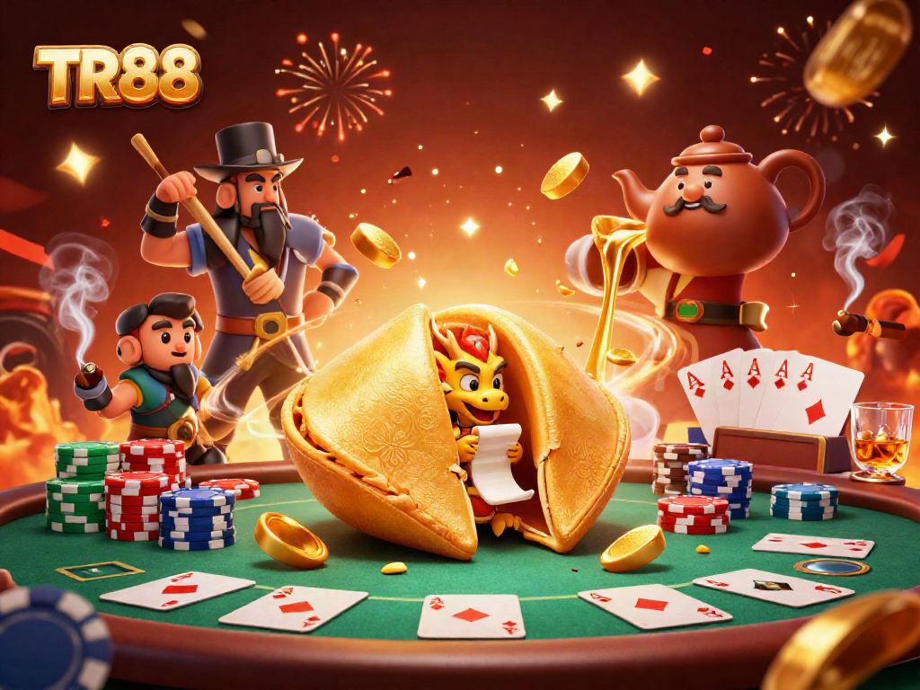 Experience TR88's vibrant poker scene with a dynamic illustration of a golden fortune cookie and wise dragon.