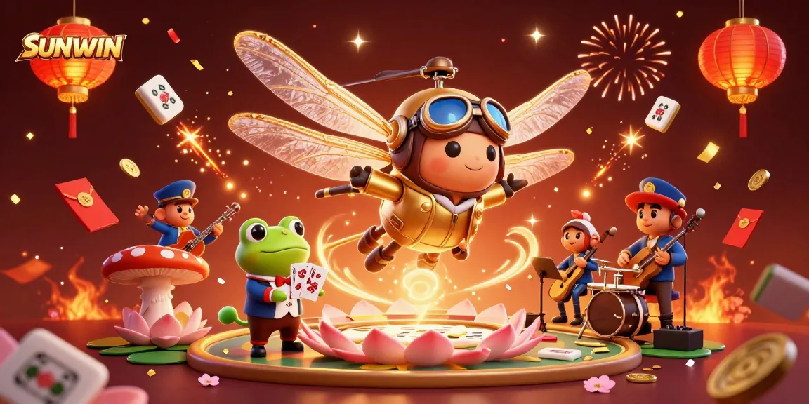 SUNWIN players enjoying a vibrant casino game scene with dynamic 3D characters and festive elements.