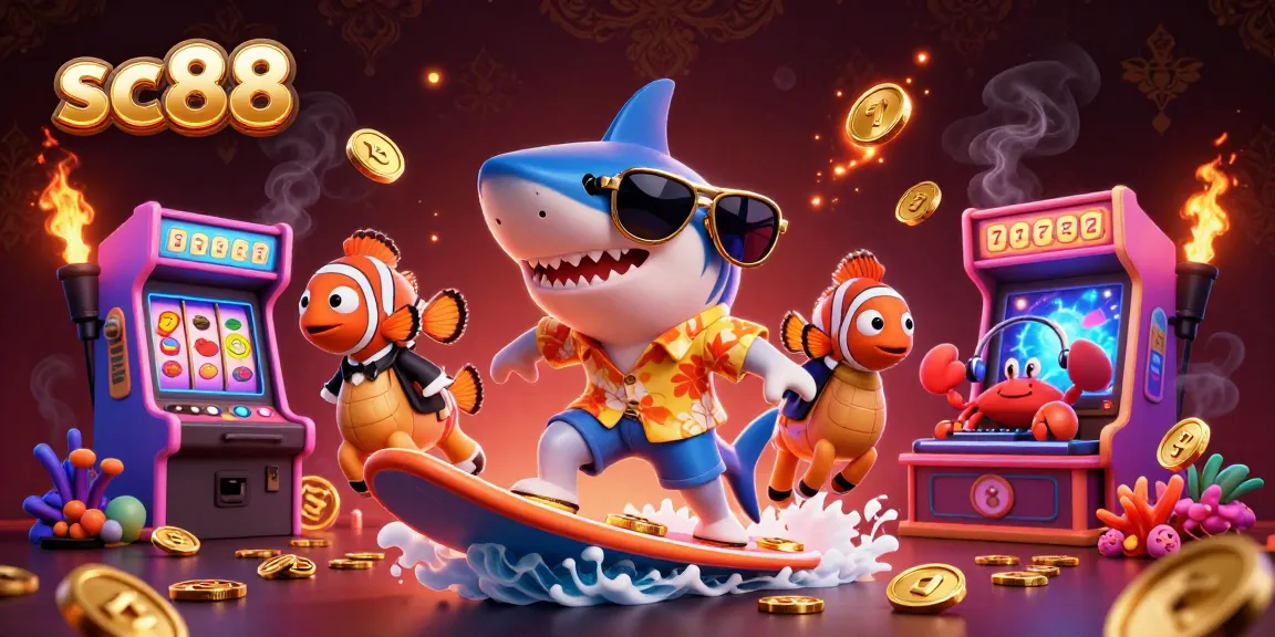 Experience thrilling gaming action at sc88 with a shark surfing on gold coins surrounded by vibrant casino elements.