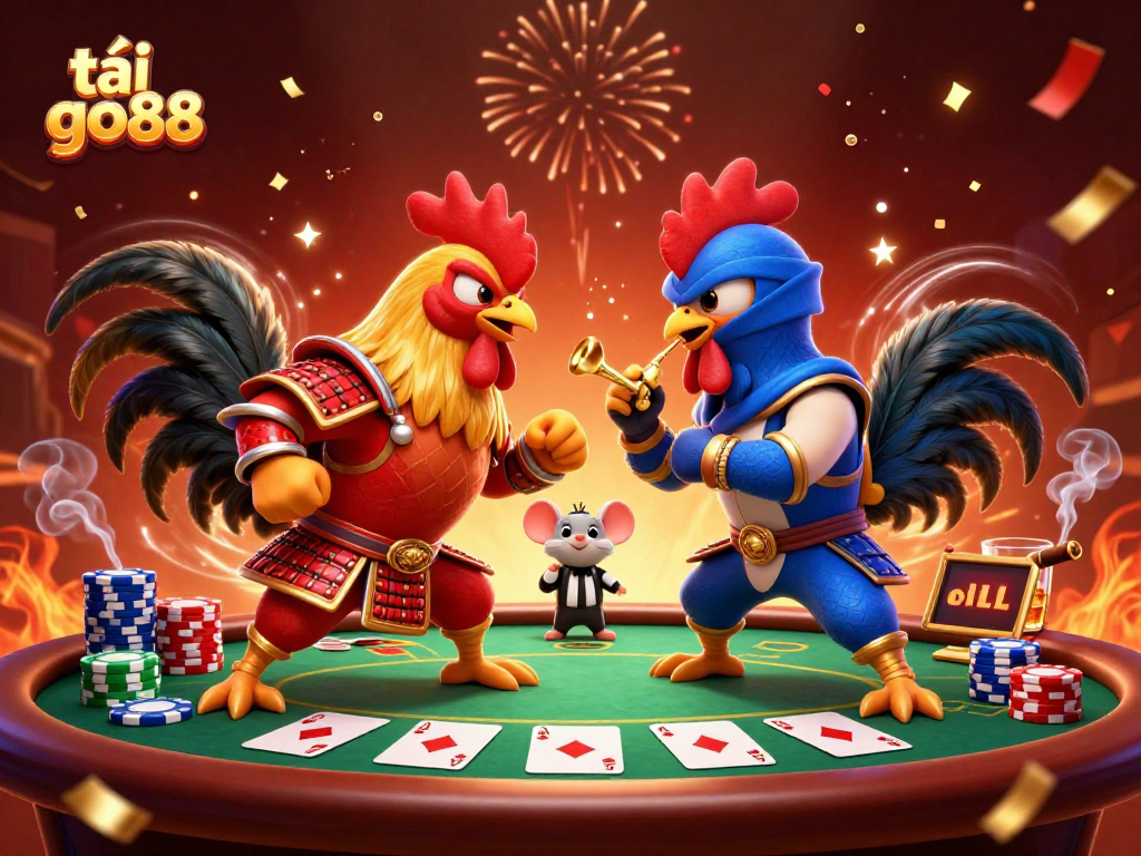 Engage with tải go88 through a dynamic 3D illustration featuring epic roosters in combat at a vibrant poker table.