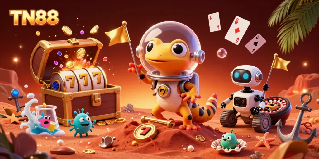 Experience the thrill of TN88 at a luxurious casino with a Martian gecko and golden treasures.