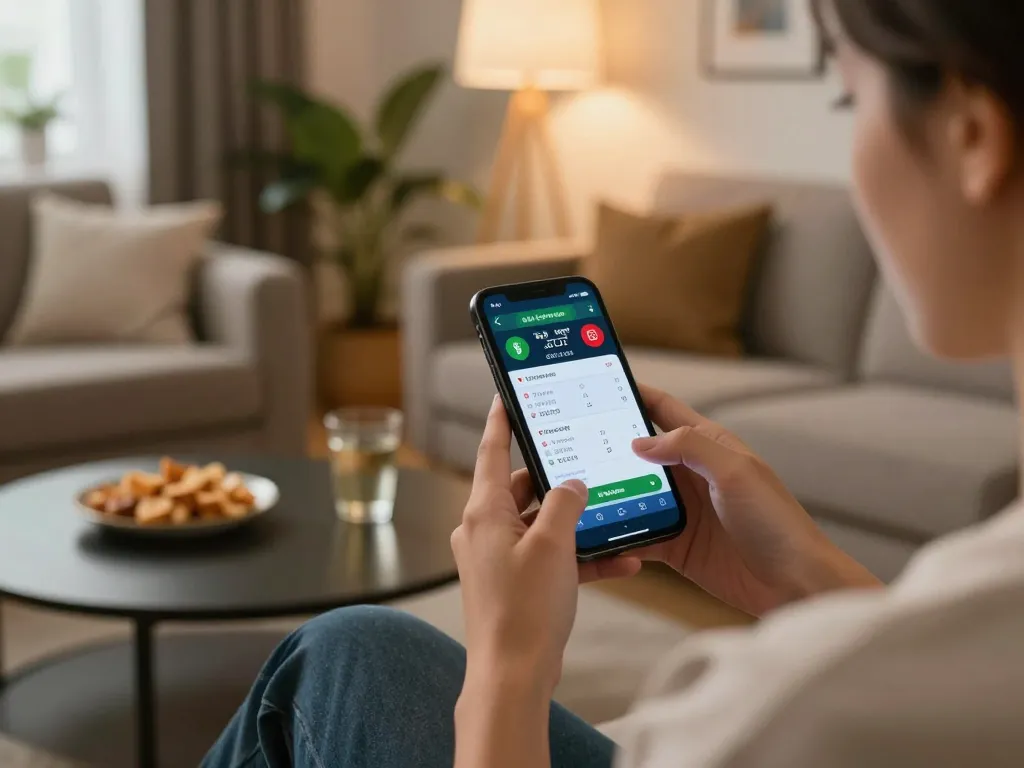 Engaging smartphone interface showing tỷ lệ kèo trực tuyến for sports betting in a cozy living room