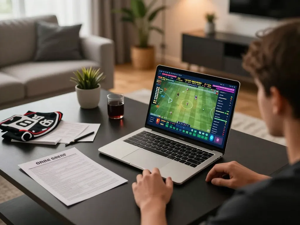 Engaging in live sports betting at home with 8 live interface visible on a laptop