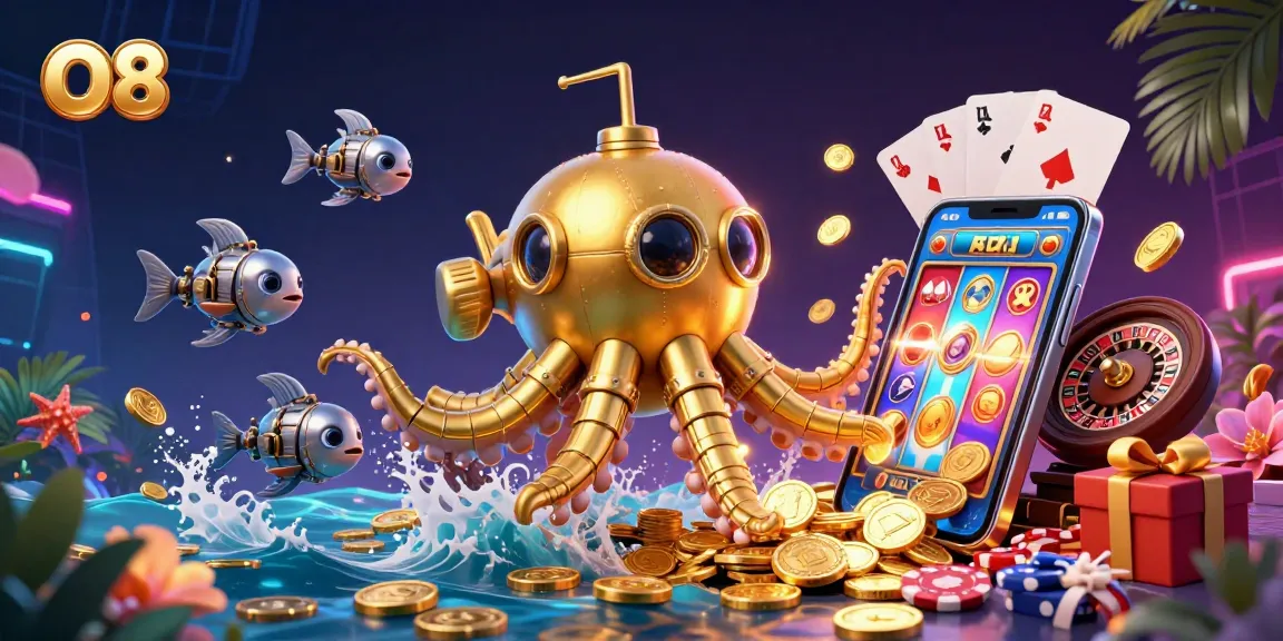 Experience the thrill of O8 with a vibrant 3D kraken submarine amidst golden coins and dynamic slot games.