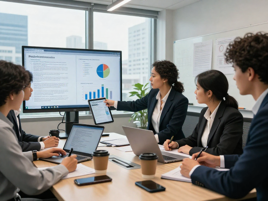 Team collaborating on document fraud detection strategies, analyzing data analytics and discussing methodologies in a modern office setting.