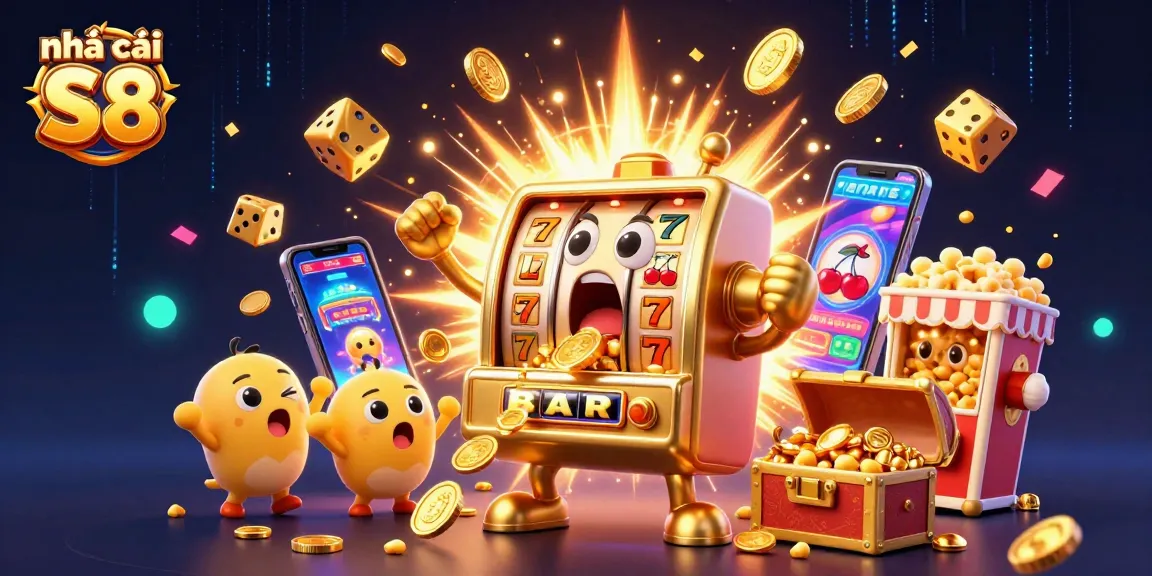 Spin to win with Nhà cái S8's exciting slot machines amidst an explosion of coins and vibrant casino elements.