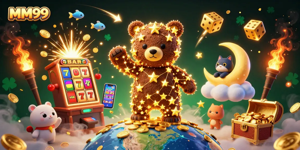 Join the excitement of MM99 with a vibrant casino scene featuring a golden constellation bear and jackpots!