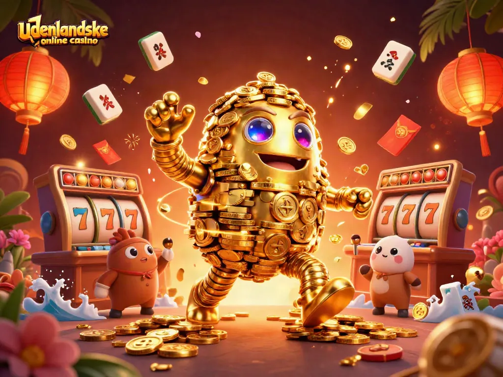 Engage in a vibrant utenlandske online casino experience with dynamic slot machines and a golden golem illustration.