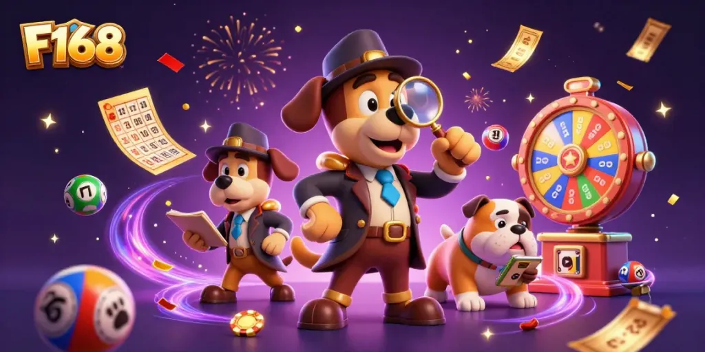 Examine F168 clues in a vibrant gambling scene with 3D characters and dynamic gaming elements.