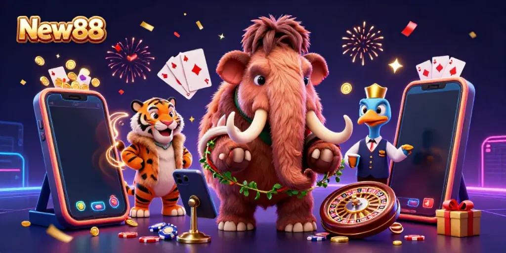 New88 casino scene featuring a mammoth bouncer checking IDs, a VIP saber-tooth tiger, and gaming elements.