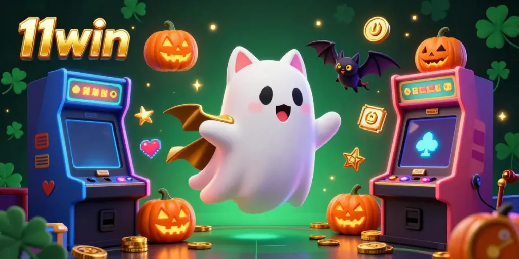 Experience thrilling gameplay at 11win with a ghostly cat and glowing slot machines in a haunted casino.