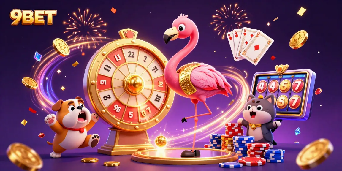 Win big at 9BET with spinning prize wheels and exciting games in a vibrant 3D casino scene