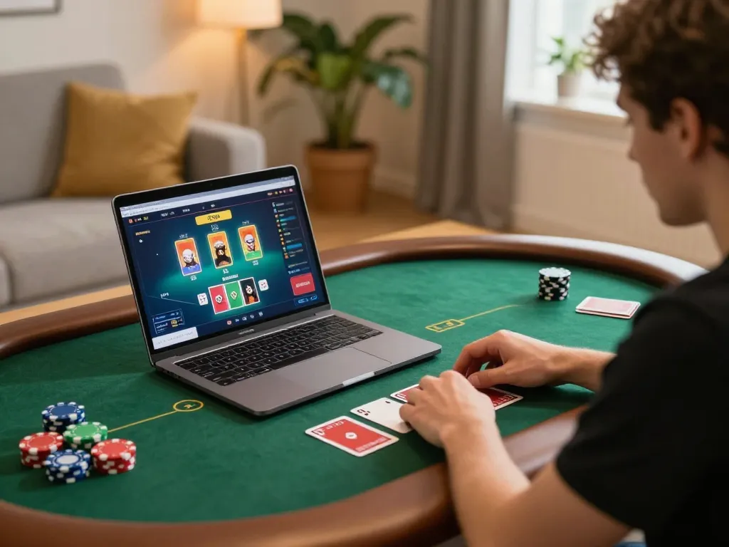 Player engaging in online poker at home with 33winvn, showcasing a strategic gaming setup.