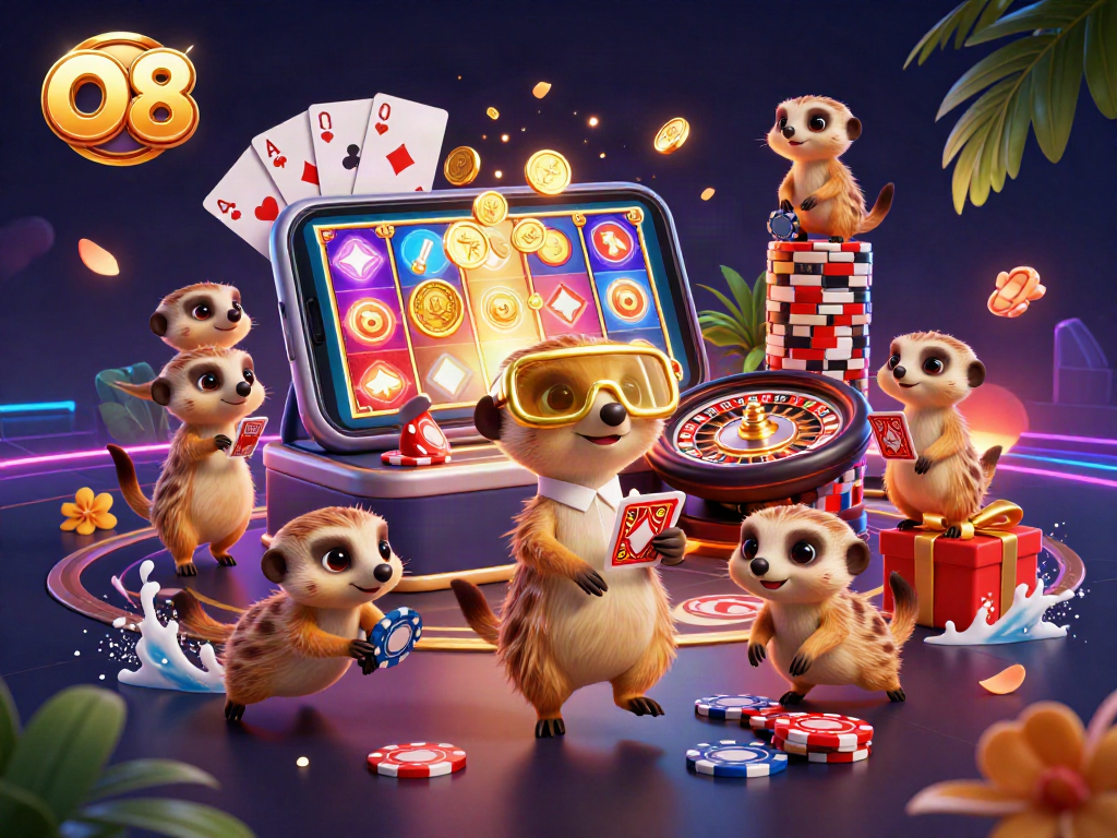 Engage in dynamic casino fun with O8's meerkat characters managing chips and games.