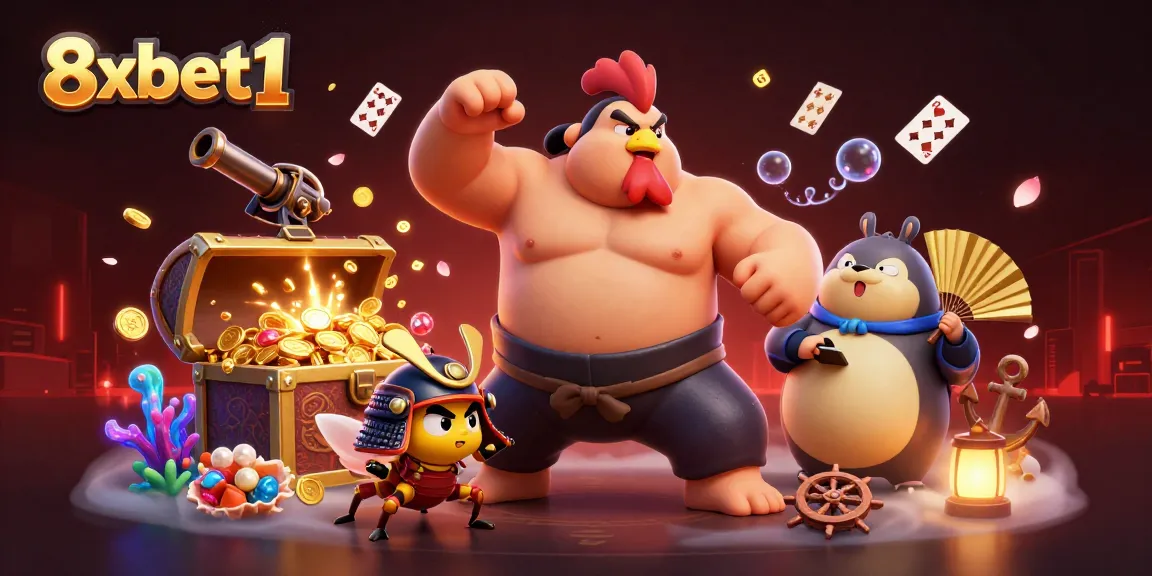 8xbet1 showcases a dynamic casino battle scene with sumo wrestlers and samurai crickets amidst vibrant gaming elements.