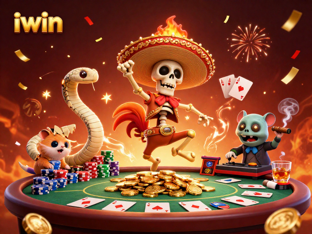 Join the iwin party with a vibrant scene featuring festive gambling characters and casino elements.