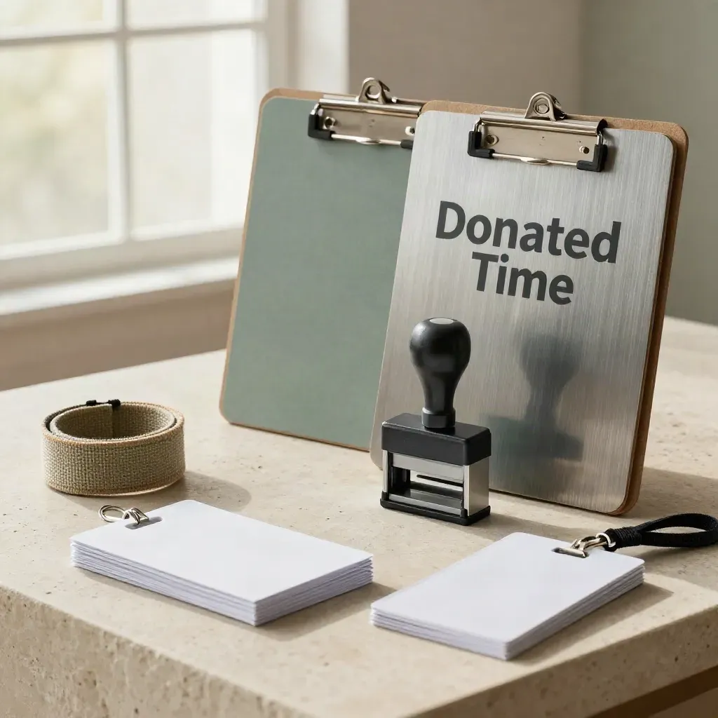 Premium volunteer kit on pale stone with brushed-metal clipboards, stamp, reels, wristbands, and lanyard sleeves.