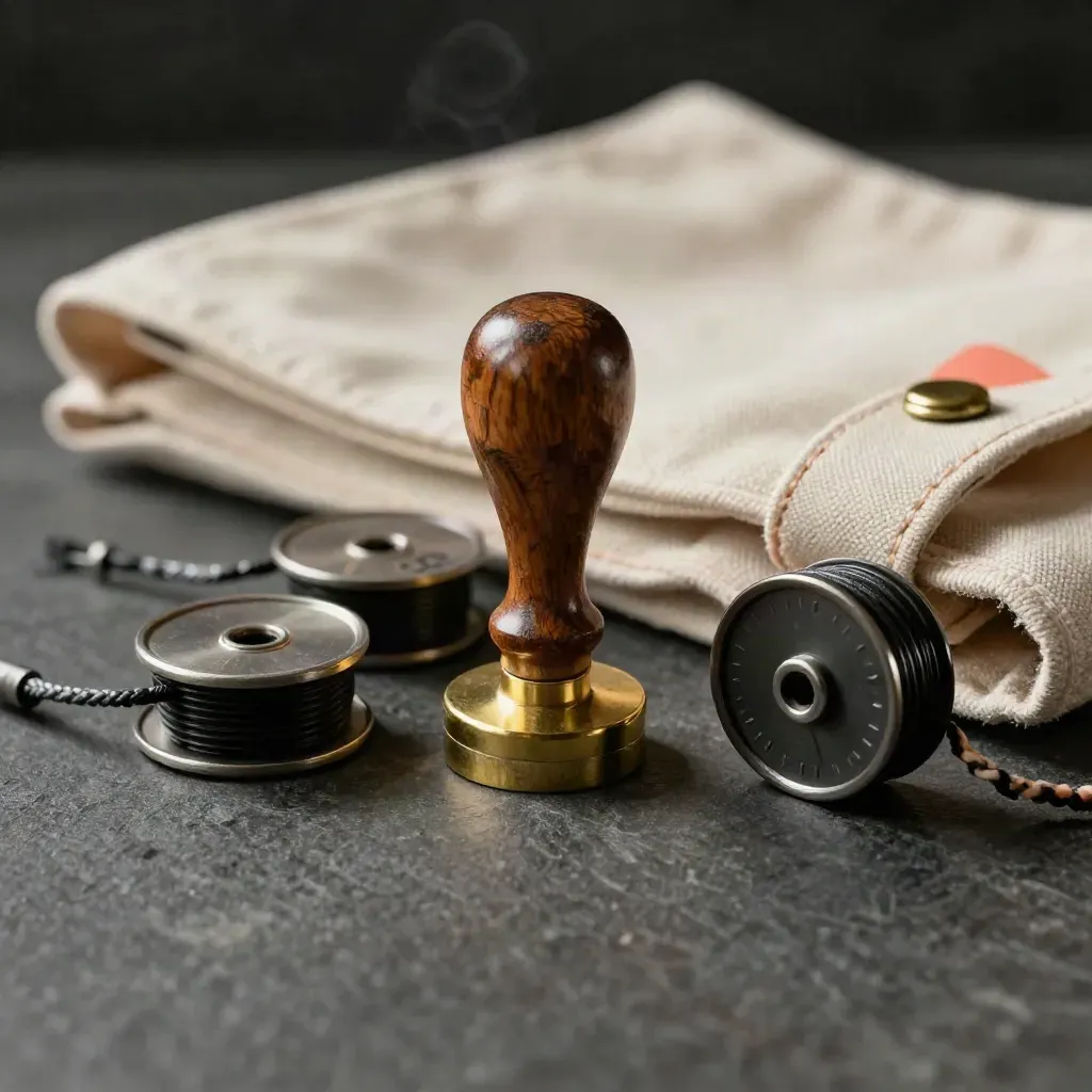 Brass event stamp, two badge reels, and a canvas tote flap on dark stone in dramatic studio light.