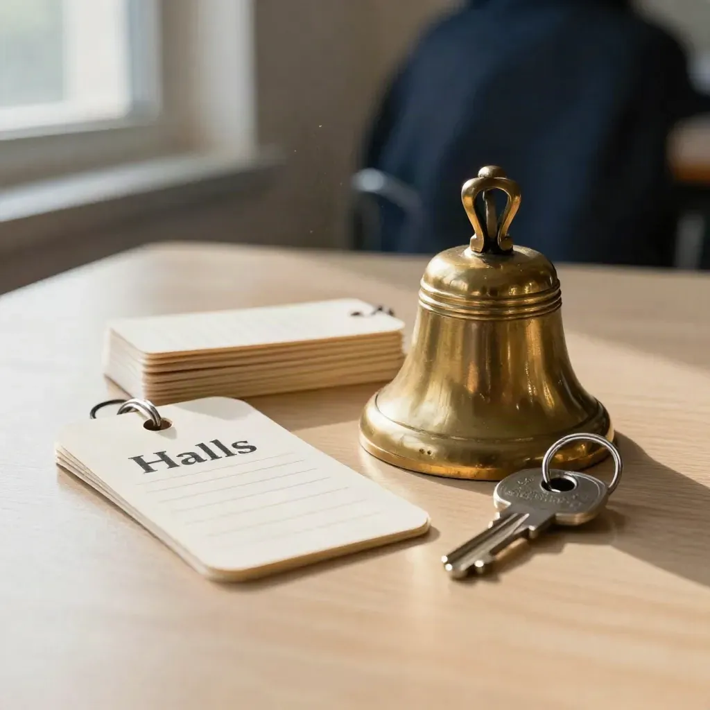Brass school bell, hall-pass tags, and keys on pale wood with soft bokeh