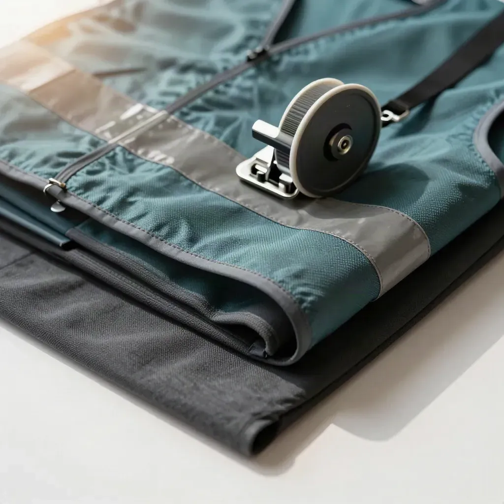 Folded safety vest, badge reel and clipboard clip on charcoal fabric with dramatic light.