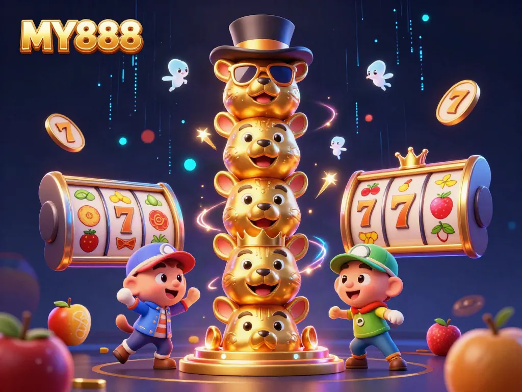 Enjoy thrilling spins at MY888 with a vibrant cartoon illustration showcasing diverse slot games and energetic elements.