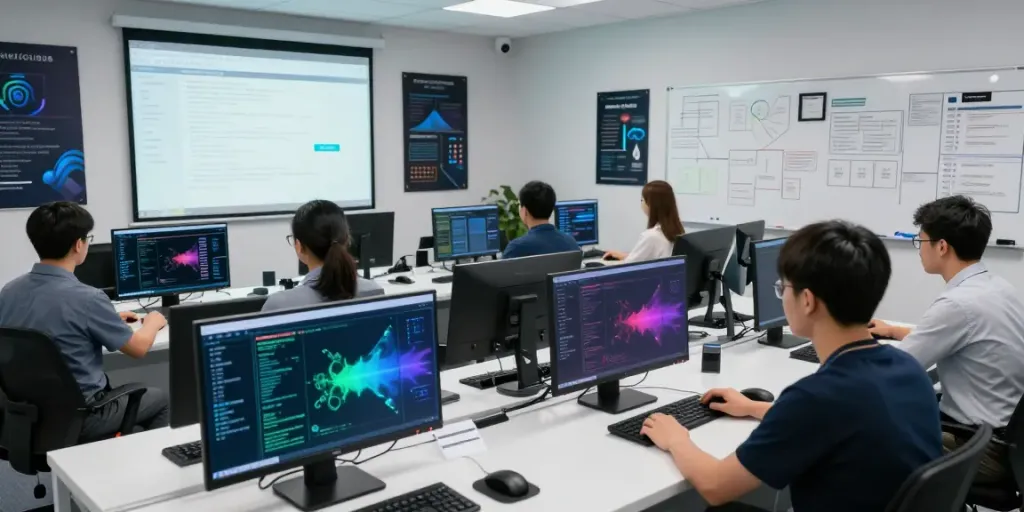 Adversarial emulation cybersecurity training session with analysts monitoring digital threats.
