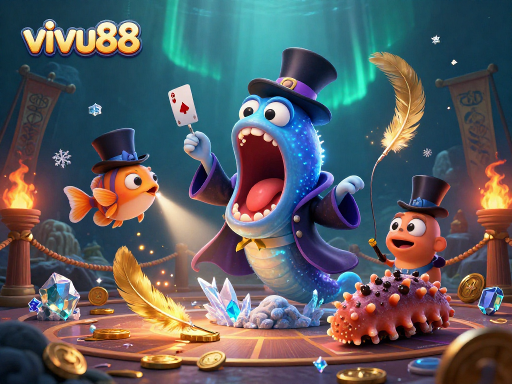 Experience the magic at vivu88 with vibrant underwater characters performing thrilling gambling acts.