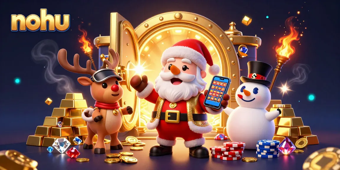 Nohu players enjoying the jackpot slots experience with festive characters in a vibrant casino scene.