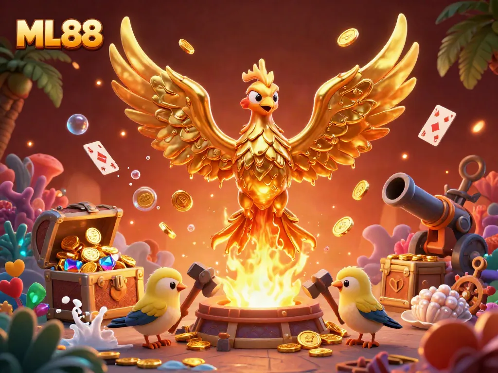 Engage in thrilling gameplay at ML88 with a molten golden phoenix and dynamic fish shooting elements.