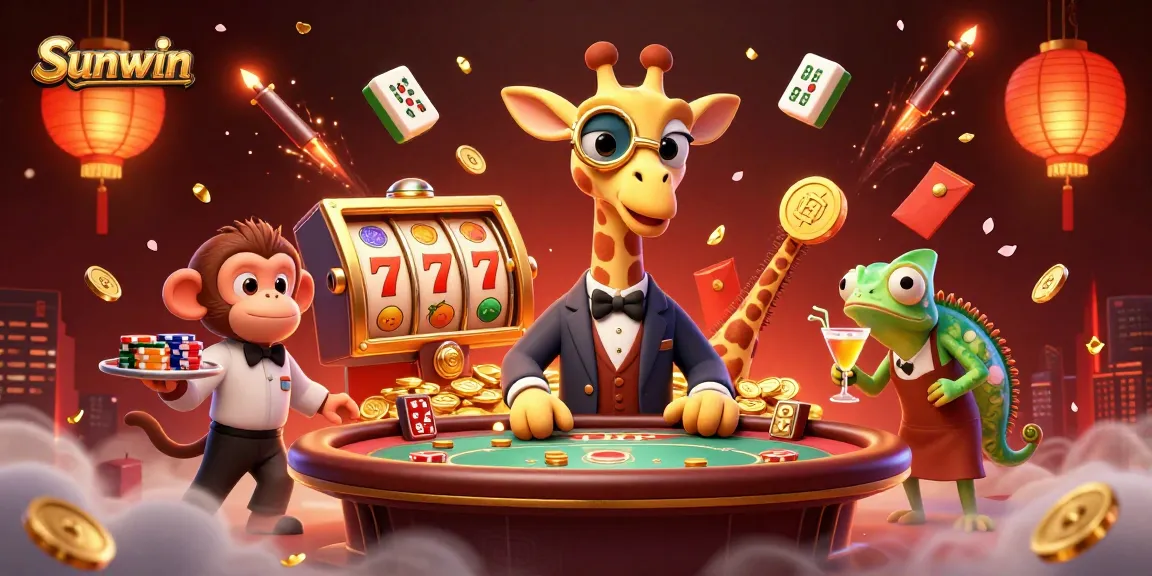 Experience thrilling gameplay with Sunwin as a high-roller giraffe and his companions celebrate at a vibrant casino.