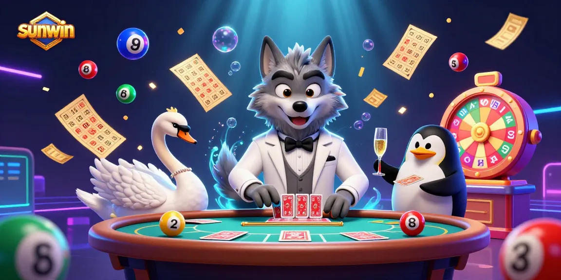 Join the excitement at Sunwin with a lively online casino scene featuring a debonair wolf, elegant swan, and sophisticated penguin.