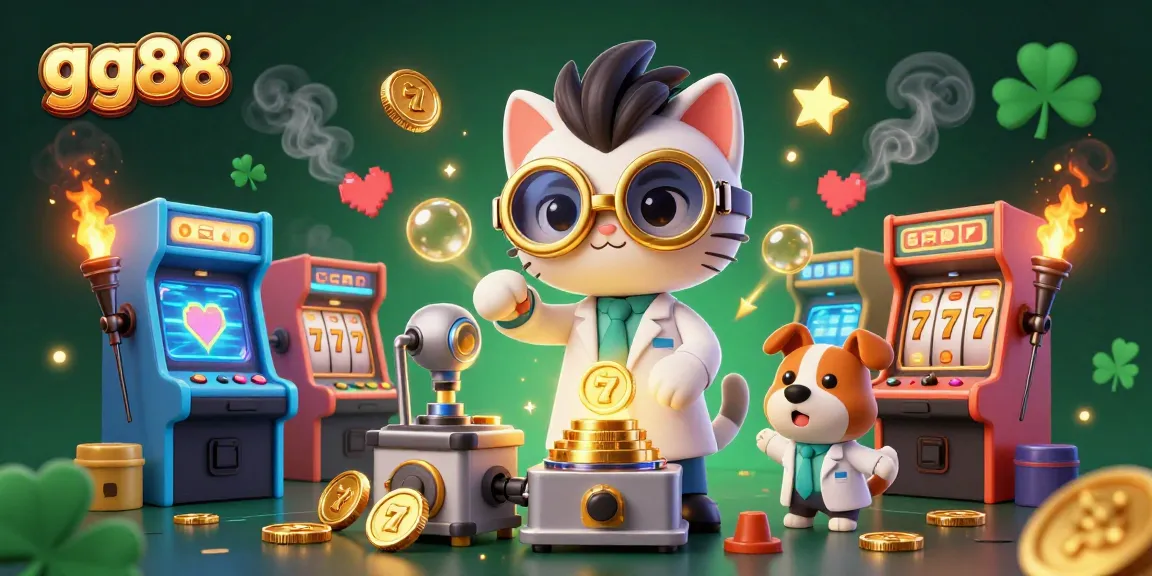 Join the fun at gg88, where the mad scientist cat creates a gold-coin machine in a vibrant gaming lab.
