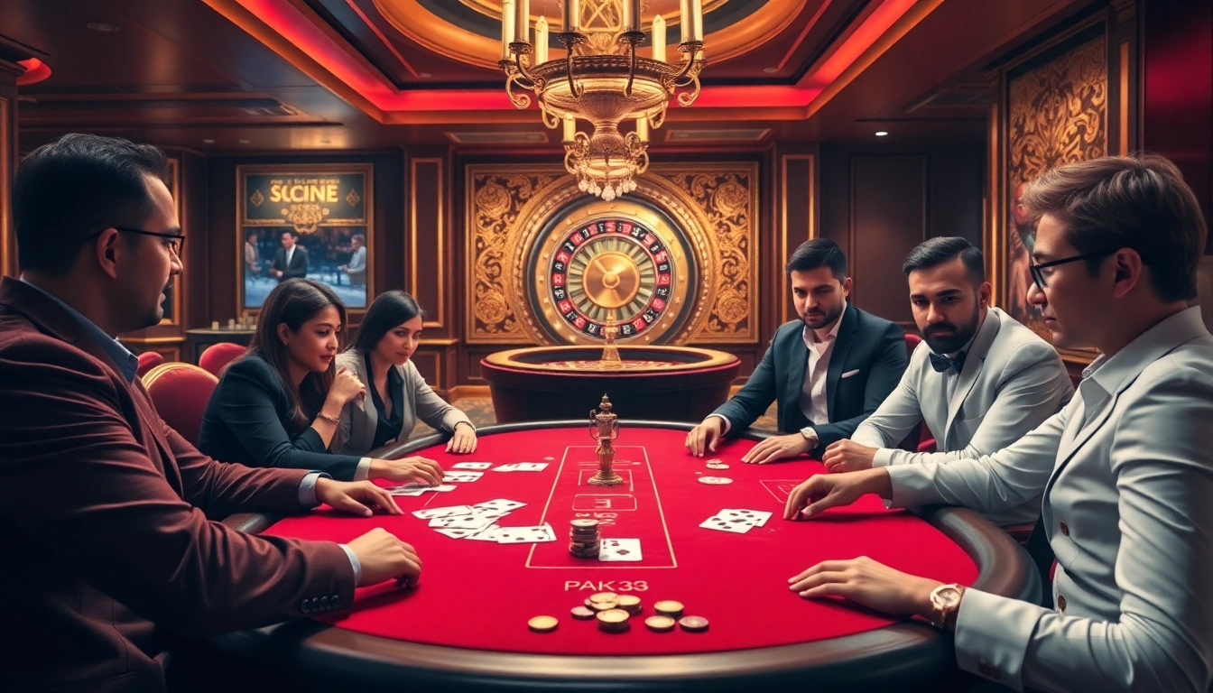 Players engaged in poker at a luxurious casino, showcasing excitement and strategy at https://ok365vi.net/.