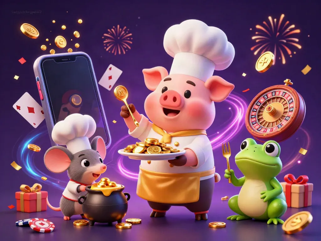 Experience the exciting world of ketquabongda57 with a lively scene of a chef pig serving gold coins, surrounded by fun gaming elements.
