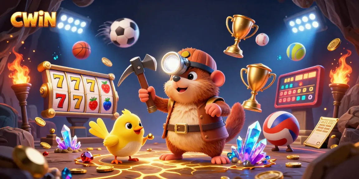 CWIN offers thrilling gaming experiences with a vibrant 3D illustration showcasing slot features and sports elements in a dynamic casino environment.