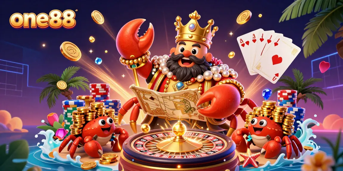 Engage in winning excitement at one88 with a golden crab emperor and vibrant casino elements.