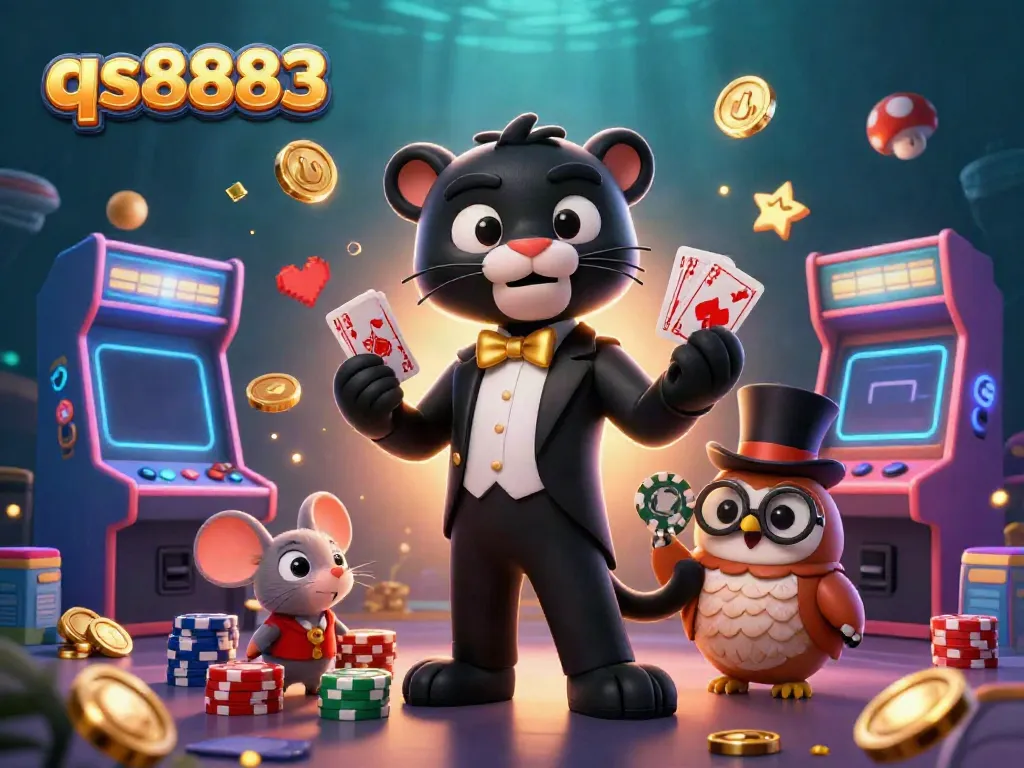 Engage in exciting gameplay with qs8883, featuring a stylish panther dealer, poker chips, and vibrant arcade elements.