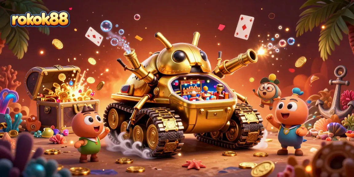 Play at rokok88's exciting miniature casino within a golden beetle tank, featuring vibrant themes.