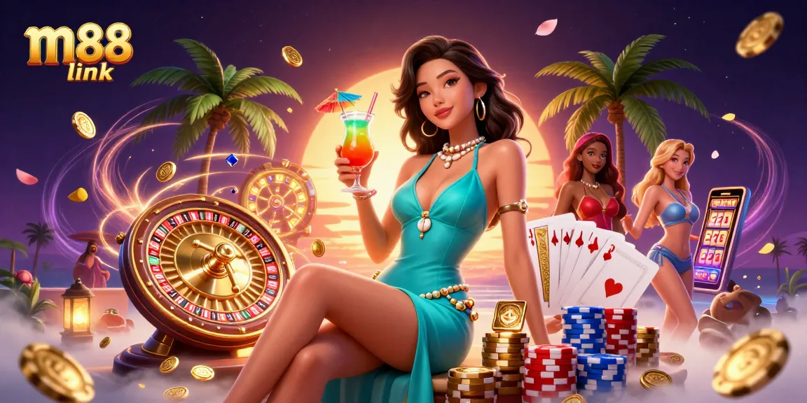 Experience excitement at M88 link with a glamorous Asian woman enjoying a cocktail at a beach casino.