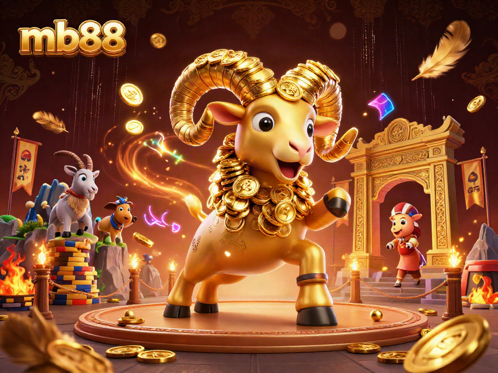 mb88 showcases a vibrant 3D casino world, featuring a golden ram symbolizing wealth and excitement.