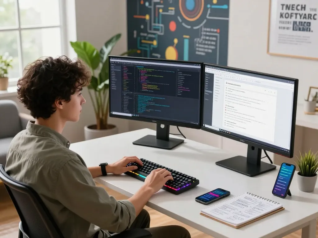 Developer immersed in coding on dual monitors at a modern workspace, embodying the innovative spirit of hbet.