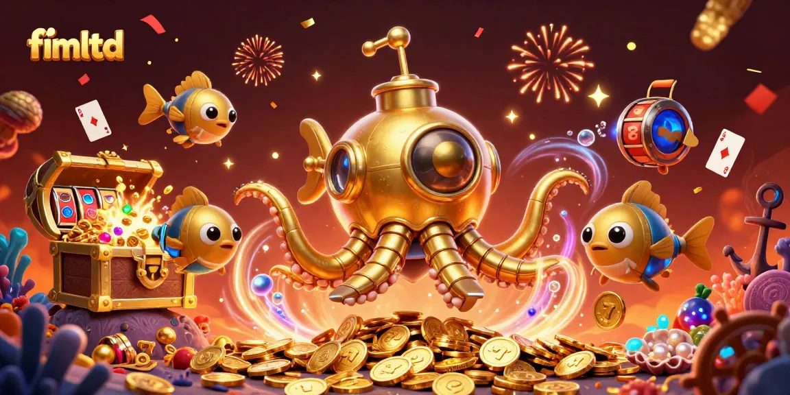 Play thrilling games at fimltd with a vibrant scene of a golden kraken submarine and colorful coins.