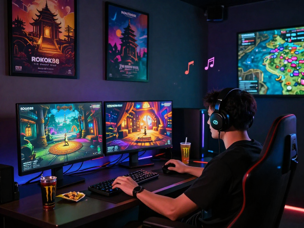 Gamer exploring the intriguing world of ROKOK 88 in an immersive setup, showcasing vibrant visuals and a captivating atmosphere.