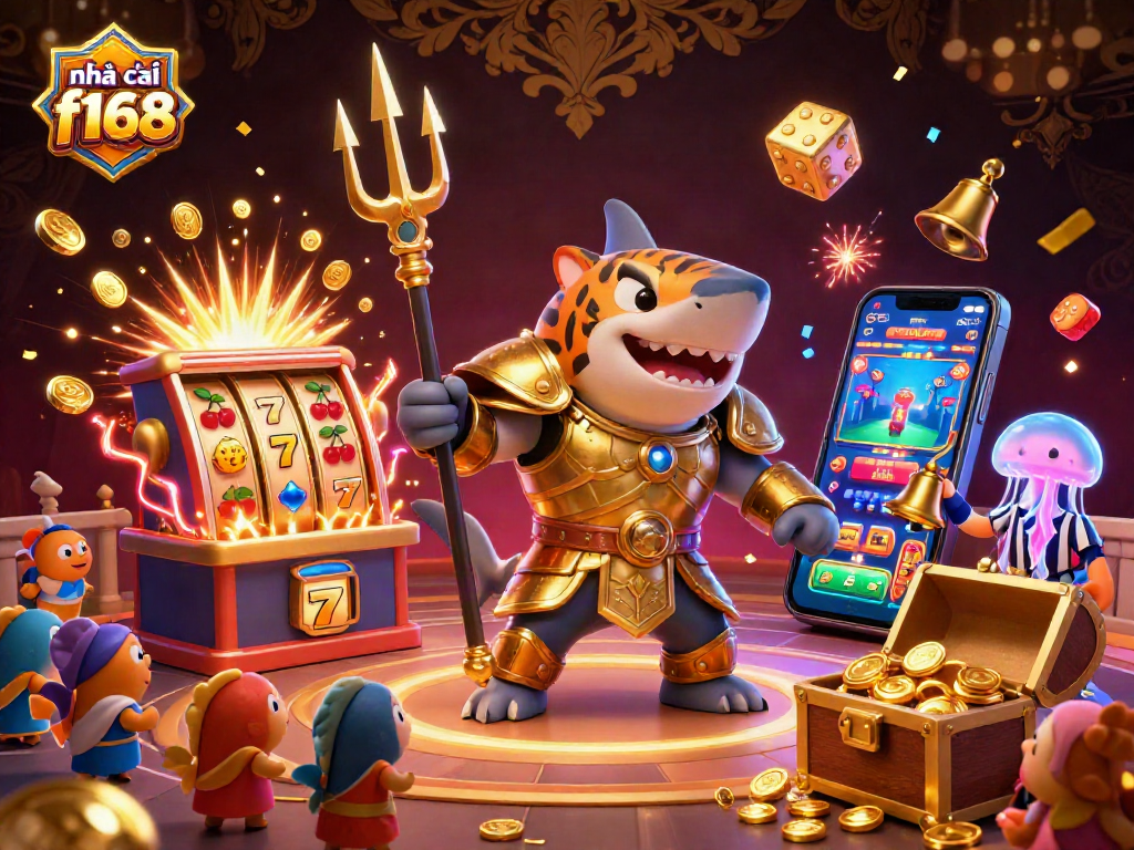 Experience the thrill of nhà cái f168 with vibrant casino elements, including a tiger shark and jackpot visuals.