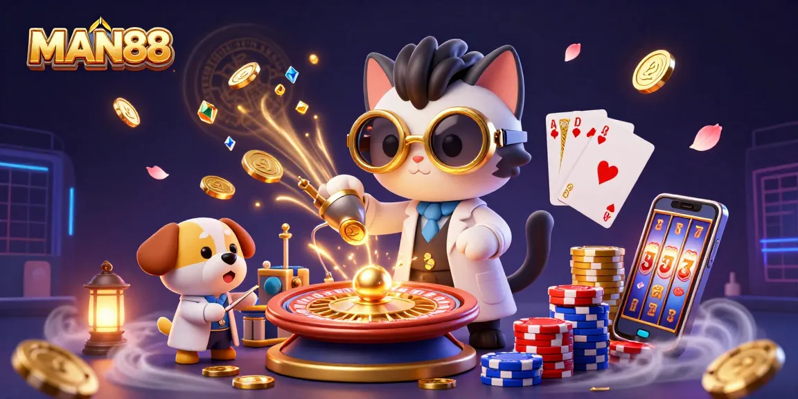 Boost your chances at MAN88 with a vibrant 3D casino scene featuring exciting game elements.