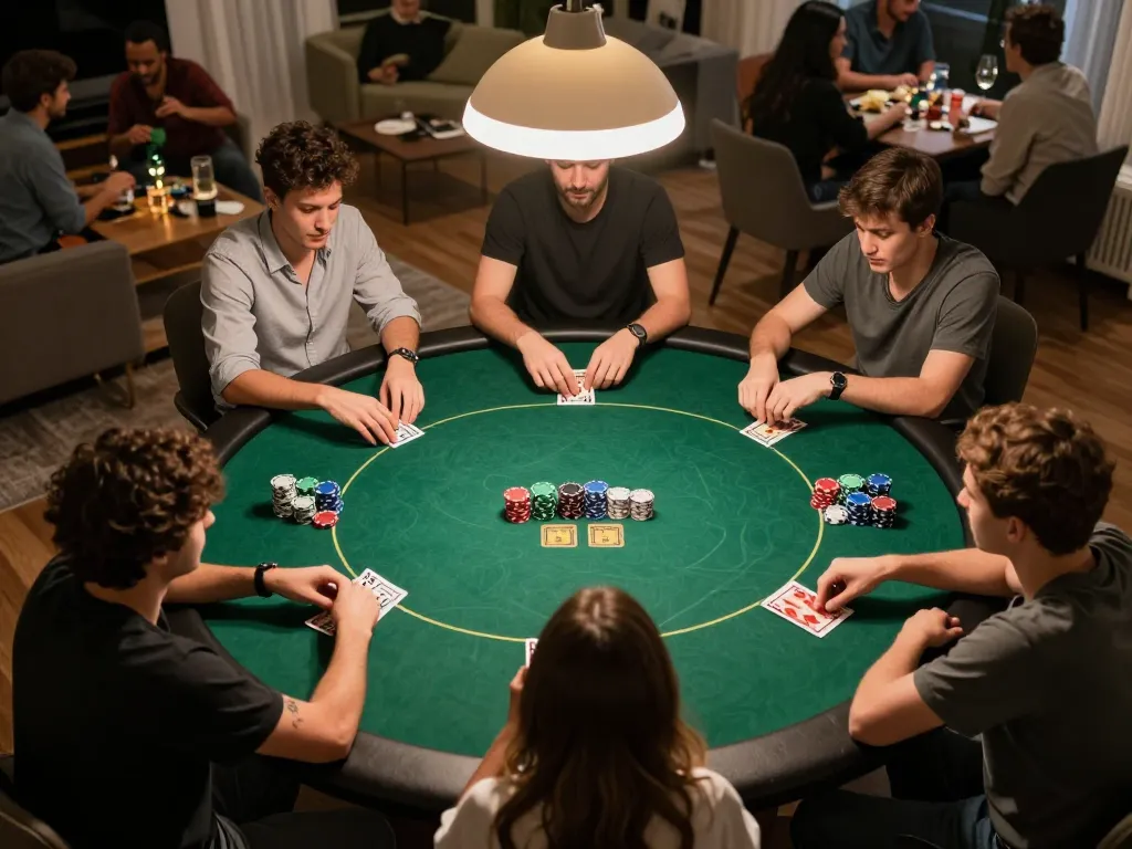 Players enjoying a friendly poker game at home, showcasing Lode 88 ambiance and strategy-focused atmosphere.