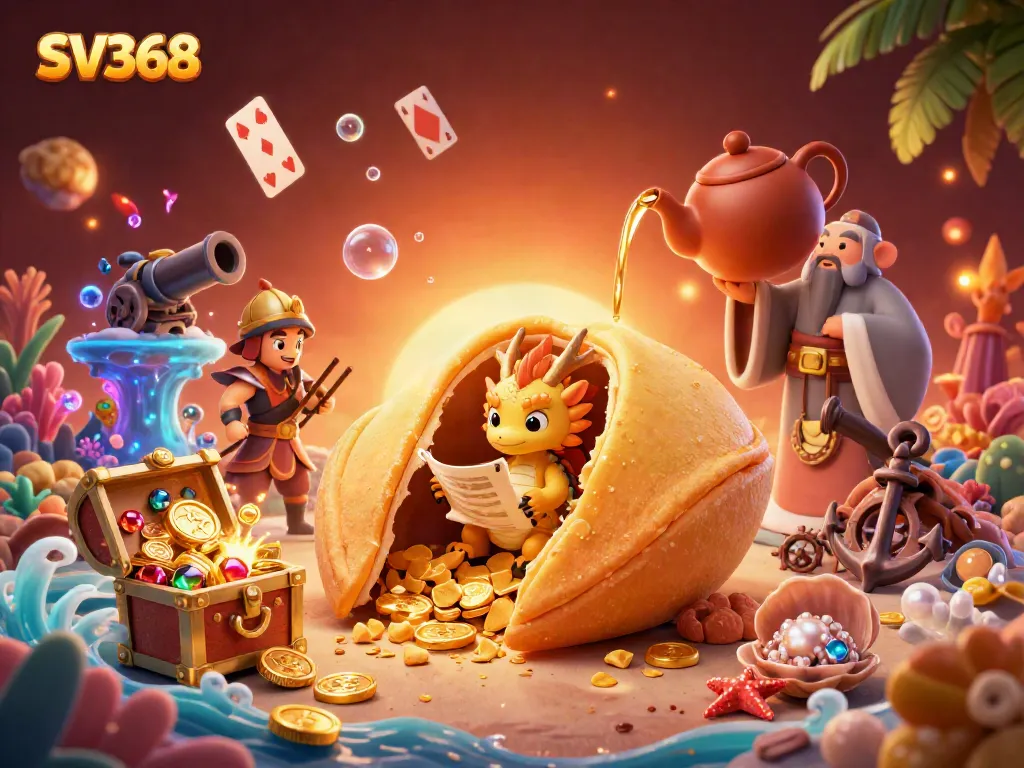 Engage in thrilling gameplay with SV368's vibrant casino scene featuring golden fortune cookies and dragons.