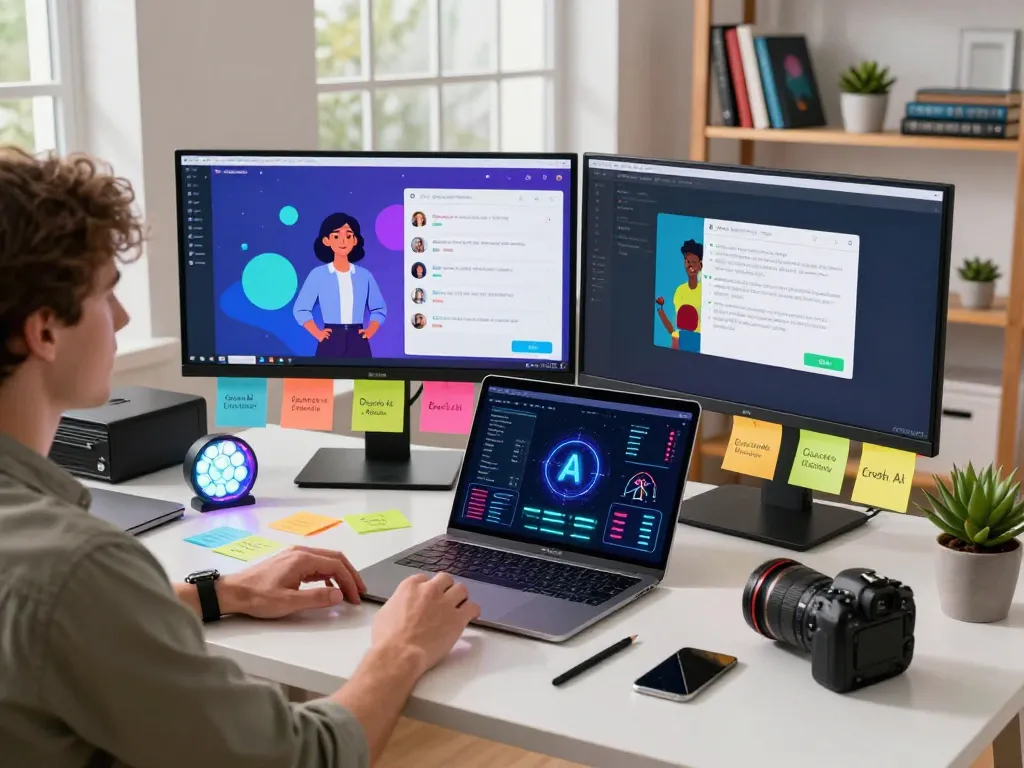 Engaging workspace with Crush AI technology, vibrant chat interfaces, and innovative tools.
