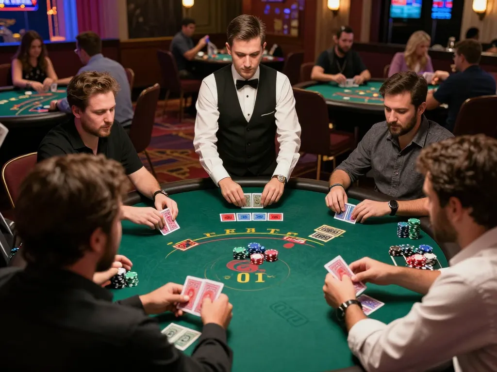 Players strategizing in an intense blackjack game at XOCDIA88 casino, showcasing exciting gameplay