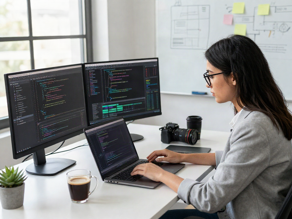 Young professional engrossed in coding, showcasing a crush on innovation in a vibrant tech workspace.